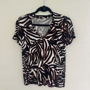 Nine West Black, Brown & White V-Neck Printed Top